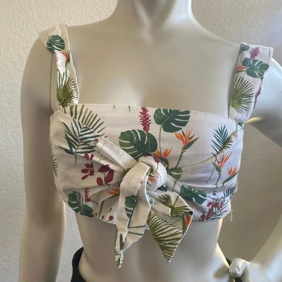 Zara Womens White Green Tropical Crop Tank Top Medium - Picture 3 of 13